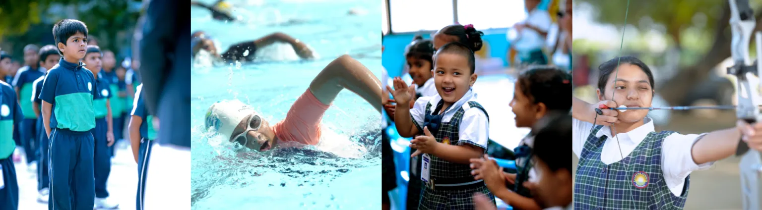Students taking part in sport, swimming, classroom life and archery at Sujatha School